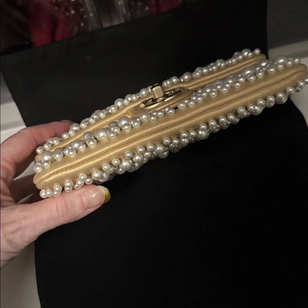 Authentic Rare Chanel Gold Pearl-Studded Flap Hand Bag